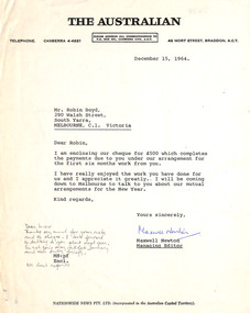 Letter, The Australian, Maxwell Newton (The Australian) to Robin Boyd, 15.12.1964