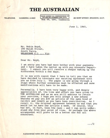 Letter, The Australian, Walter I Kommer (The Australian) to Robin Boyd, 01.06.1965