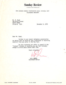 Letter, Sunday Review, W.B. Green to Robin Boyd, 05.11.1970