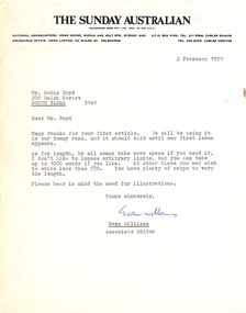 Letter, The Sunday Australian, Evan Williams (The Sunday Australian) to Robin Boyd, 02.02.1971