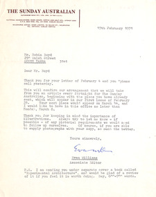 Letter, The Sunday Australian, Evan Williams (The Sunday Australian) to Robin Boyd, 17.02.1971