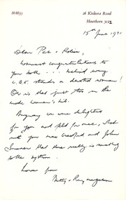Letter, Betty and Ray Marginson, Betty and Ray Marginson to Robin Boyd, 15.06.1971