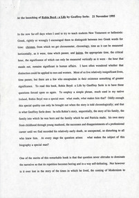 Document - Speech, Dr Davis McCaughey, "Robin Boyd - A Life" launch, 1995