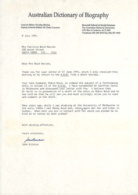Letter, Dr John Ritchie, Australian Dictionary of Biography, 08.07.1991