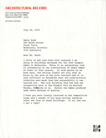 Letter, Barclay Gordon, Barclay Gordon to Robin Boyd, 20.07.1979