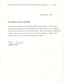Letter, Robin Boyd, Reference, 30.03.1967