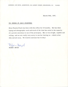 Letter, Robin Boyd, Reference, 30.03.1967