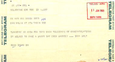 Document - Telegram, Zara Holt, 11.06.1968