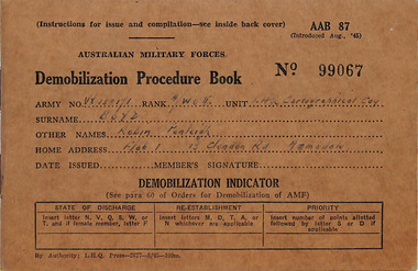 Booklet, Australian Military Forces, Demobilization Procedure Book, Sep-45