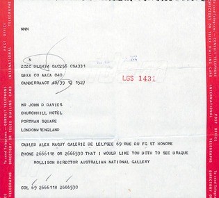 Document - Telegram, Mollison, James Mollison to John Davies