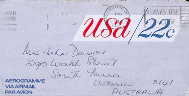 Letter - Aerogram, R Burns, Rob Burns to Patricia Davies, 26.05.1975