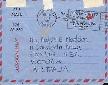 Letter - Aerogram, Patricia Boyd, Patricia Boyd to Mrs Ralph Madder, 12.01.1967