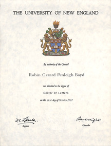 Certificate, Degree of Doctor of Letters University of New England, 1967