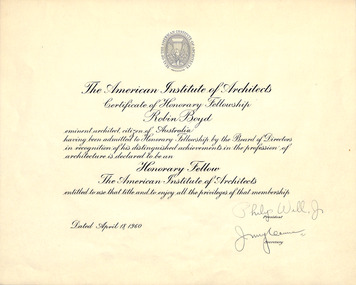 Certificate, Honorary Fellowship to American Institute of Architects, 1960