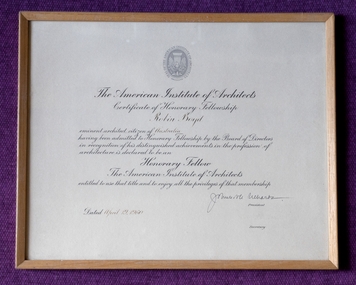 Certificate, Honorary Fellowship to American Institute of Architects, 1960