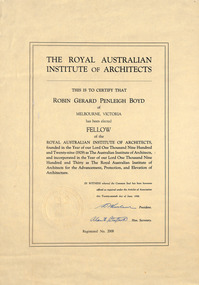 Certificate, Fellow to Royal Australian Institute of Architects, 1958