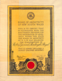 Certificate, NSW Board of Architects Registration, 1957