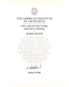 Certificate, AIA Architecture Critics' Medal, 1973