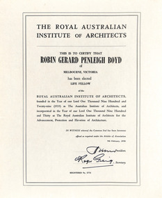 Certificate, Life Fellow from Royal Australian Institute of Architects, 1970