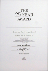 Certificate, The 25 year award for Robin Boyd House II, 2006