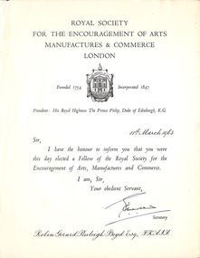 Certificate, Royal Society for the Encouragement of Arts, Manufactures and Commerce, The Royal Society for the Encouragement of Arts, Manufactures and Commerce, 1963