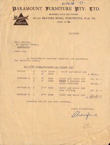 Document - Invoice, Paramount Furniture, 1958