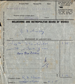 Document - Invoice, Melbourne and Metropolitan Board of Works, 1958