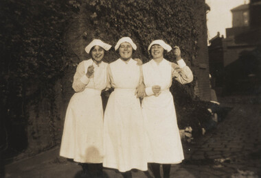Night duty nurses, Children's Hospital, Carlton, 1923. Image is a long shot of three Nurses posing.