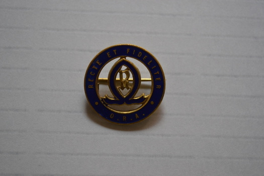 A circular metal lapel badge with a school crest in the centre.