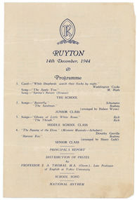 Programme, Ruyton Girls' School, Ruyton Speech Night Programme, 1944