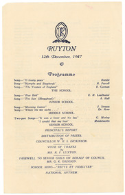 Programme, Ruyton Girls' School, Ruyton Speech Night Programme, 1947