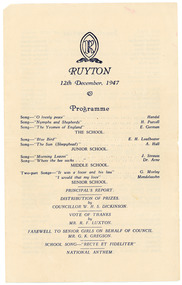 Programme, Ruyton Girls' School, Ruyton Speech Night Programme, 1947