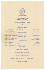 Programme, Ruyton Girls' School, Ruyton Speech Night Programme, 1948