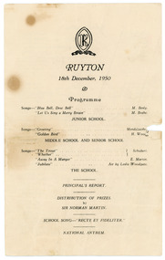 Programme, Ruyton Girls' School, Ruyton Speech Night Programme, 1950