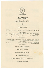 Programme, Ruyton Girls' School, Ruyton Speech Night Programme, 1952