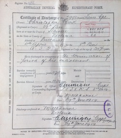 Certificate of Discharge, Australian Military Forces, Document, June 1919