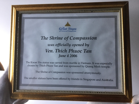 Certificate for the opening of the Shrine of Compassion by Ven. Thich Phuoc Tan in 2006, detailing Kwan Yin statue origins.