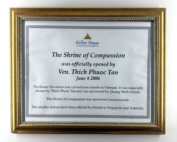 Image of framed certificate of the opening of Shrine of Compassion 