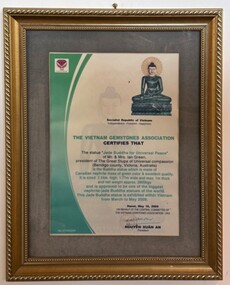 Image of the framed certificate from Vietnamese Gemstones Association (Hoi Da Quy Viet Nam)