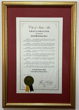 Certificate from City of Santa Ana recognizing Jade Buddha for Universal Peace Day