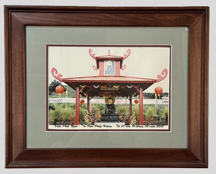 Framed image of Jade Buddha at Phap Vuong Monastery, Escondido with caption  with the caption 'Temple of the Emerald Budda, Phap Vuong Monastery from July 7 to February 16 2010.'