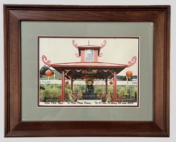 Framed image of Jade Buddha at Phap Vuong Monastery, Escondido with caption  with the caption 'Temple of the Emerald Budda, Phap Vuong Monastery from July 7 to February 16 2010.'