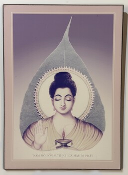 Mounted picture of Shakyamuni Buddha presented by Thich Minh Hieu, Abbot of Minh Quang Temple Sydney.