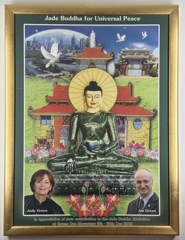 Image of Jade Buddha with Judy and Ian Green in the foreground, received in appreciation from Quang Duc Monastery, Melbourne, Australia