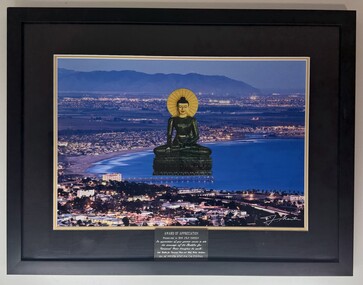 Framed image of Jade Buddha imposed over a beach setting with award of appreciation plaque to Mr. Ian Green.