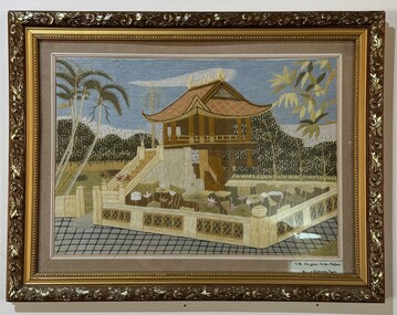 Framed embroidery of one pillar pagoda with message to Ian Green 'for your kindness'.
