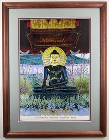Framed photograph of the Jade Buddha displayed at Vuong Monastery