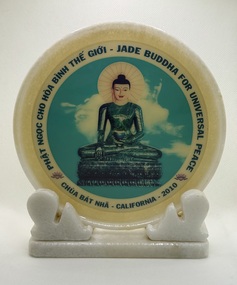 Marble souvenir plate on marble stand with print of the Jade Buddha