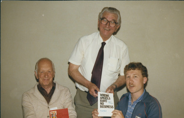 Photograph, (1) Fred Harman (L) Trevor Byard and Malcolm Frazer at a recent Devonport Men's Breakfast  showing copies if two books authored by Rev. Byard February 1986; (2) Head and shoulders photograph, Undated