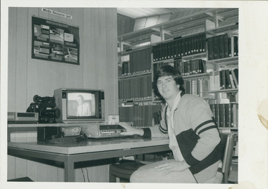 Photograph, Lindsay Carey and Theological Hall video equipment, 1984